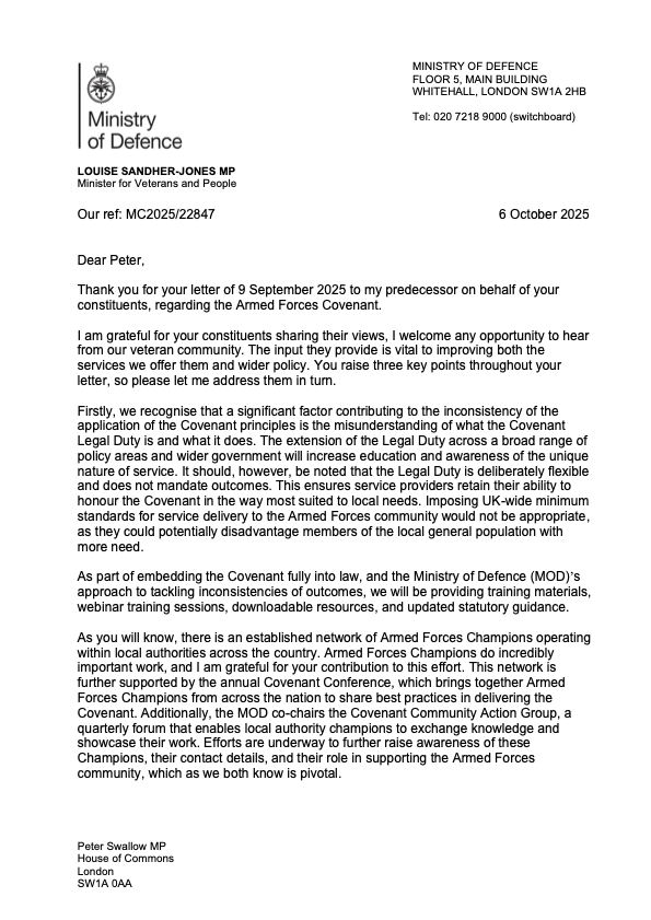 page 1 of a letter from the MoD to Peter Swallow MP